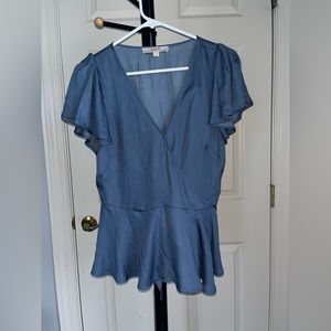 LOFT - Blouse, Denim-Look, Blue, V-Neck, Ruffles, Short-Sleeved